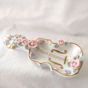 Vintage Lefton Viola Trinket Dish Applied Roses Leaves Gold Trim 7" Victorian
